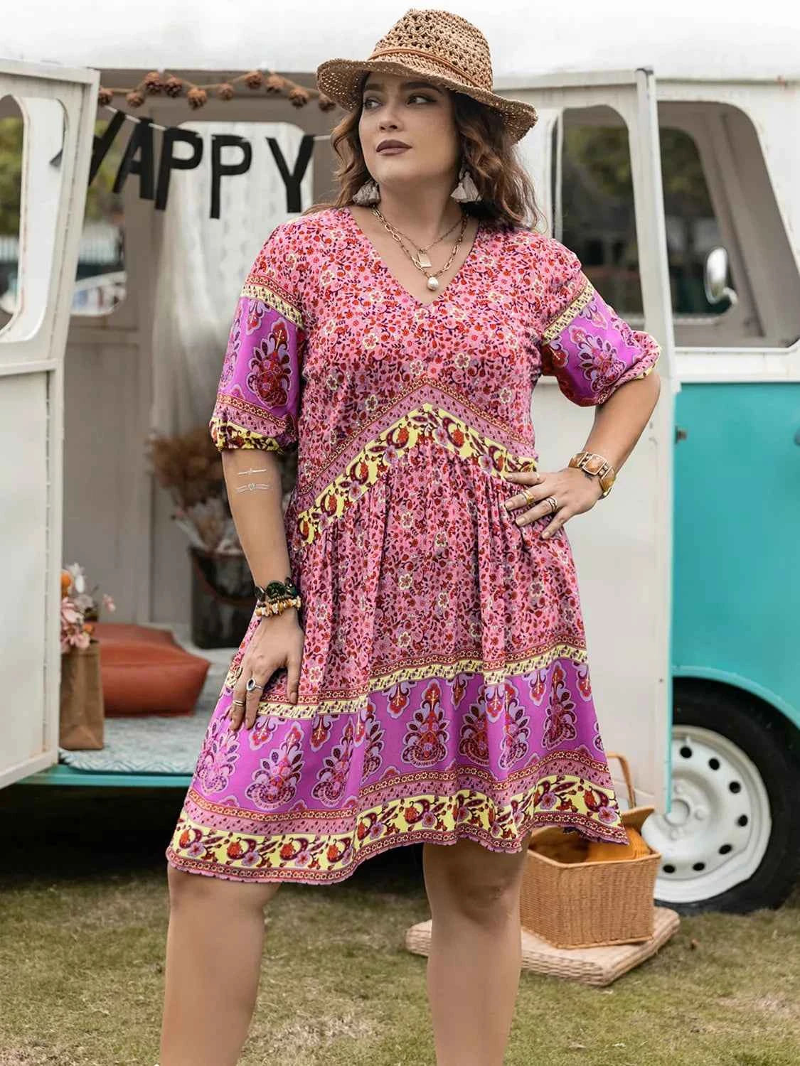 Plus Size Floral V-Neck Mini Dress