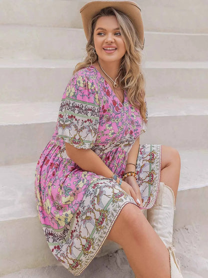 Plus Size Floral Print V-Neck Puff Sleeve Summer Dress