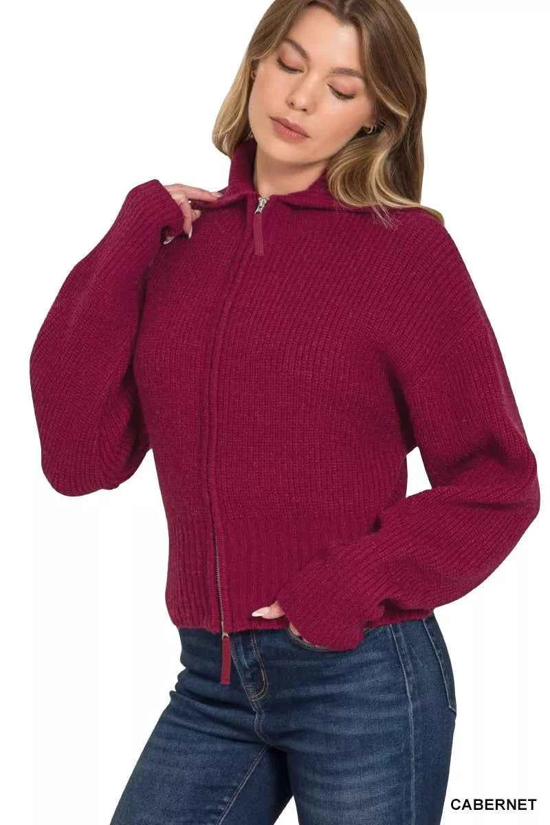 Zenana Ribbed Collared Zip Up Sweater Cardigan