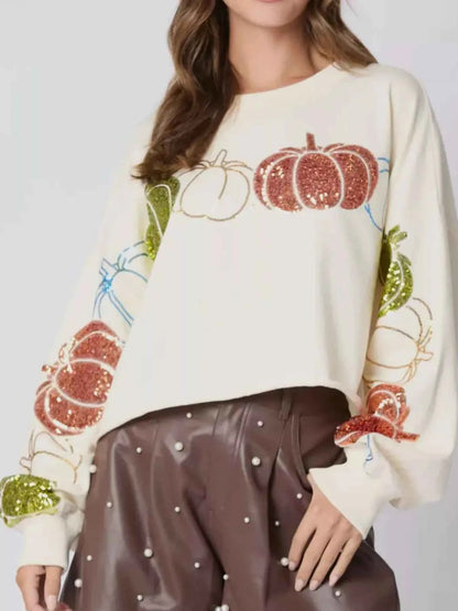 Sequined Pumpkin Halloween Crop Sweatshirt