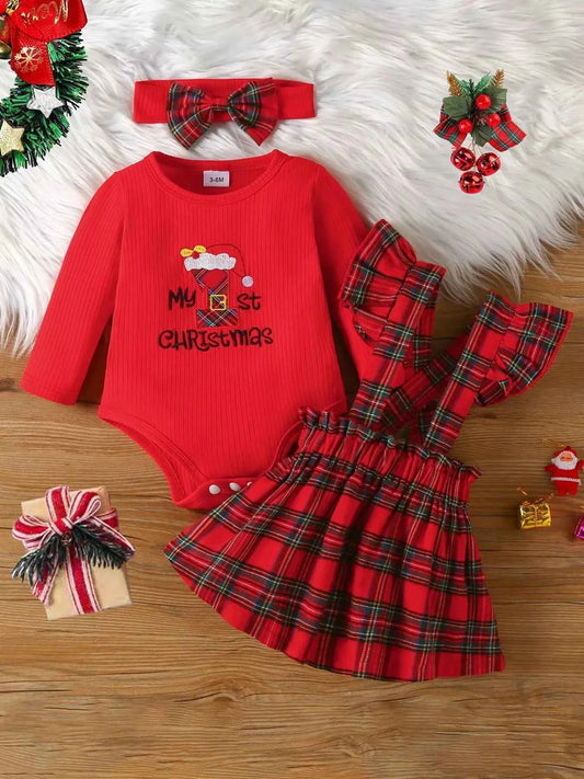 Children's First Christmas Bodysuit and Plaid Dress Outfit Set with Headband