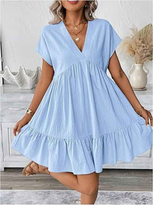 Casual V-Neck Ruffle Hem Flowy Mini Dress