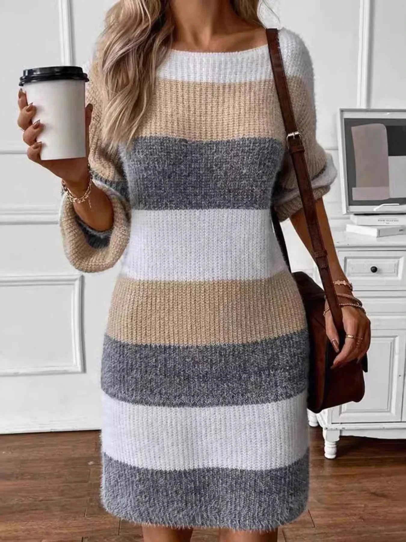 Color Block Long Sleeve Sweater Dress