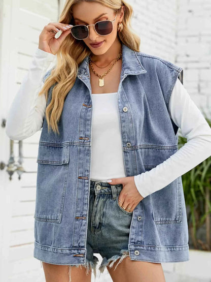 Sleeveless Button-Down Denim Jacket