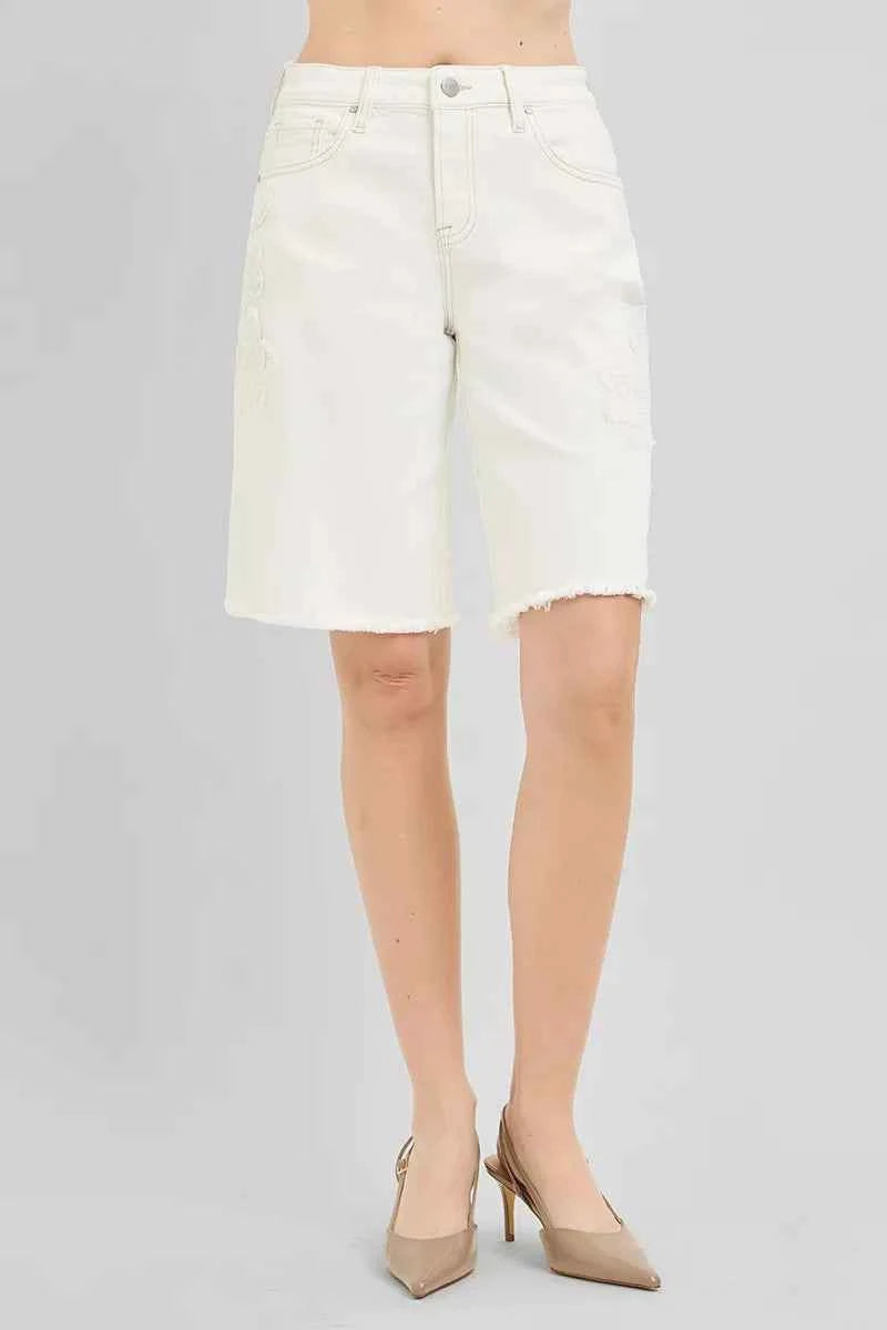 RISEN Slouchy Relaxed Floral Embroidered Bermuda Denim Shorts