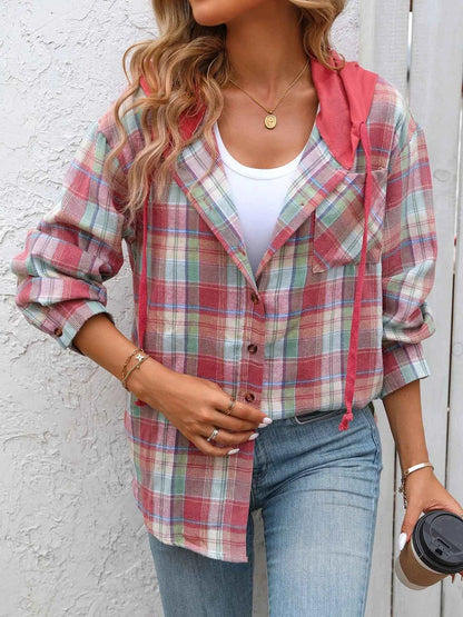 Plaid Button-Up Hooded Shirt with Chest Pocket