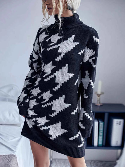 Houndstooth Pattern Turtleneck Sweater Dress