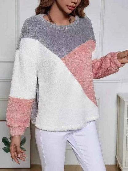 Color Block Fuzzy Knit Sweatshirt