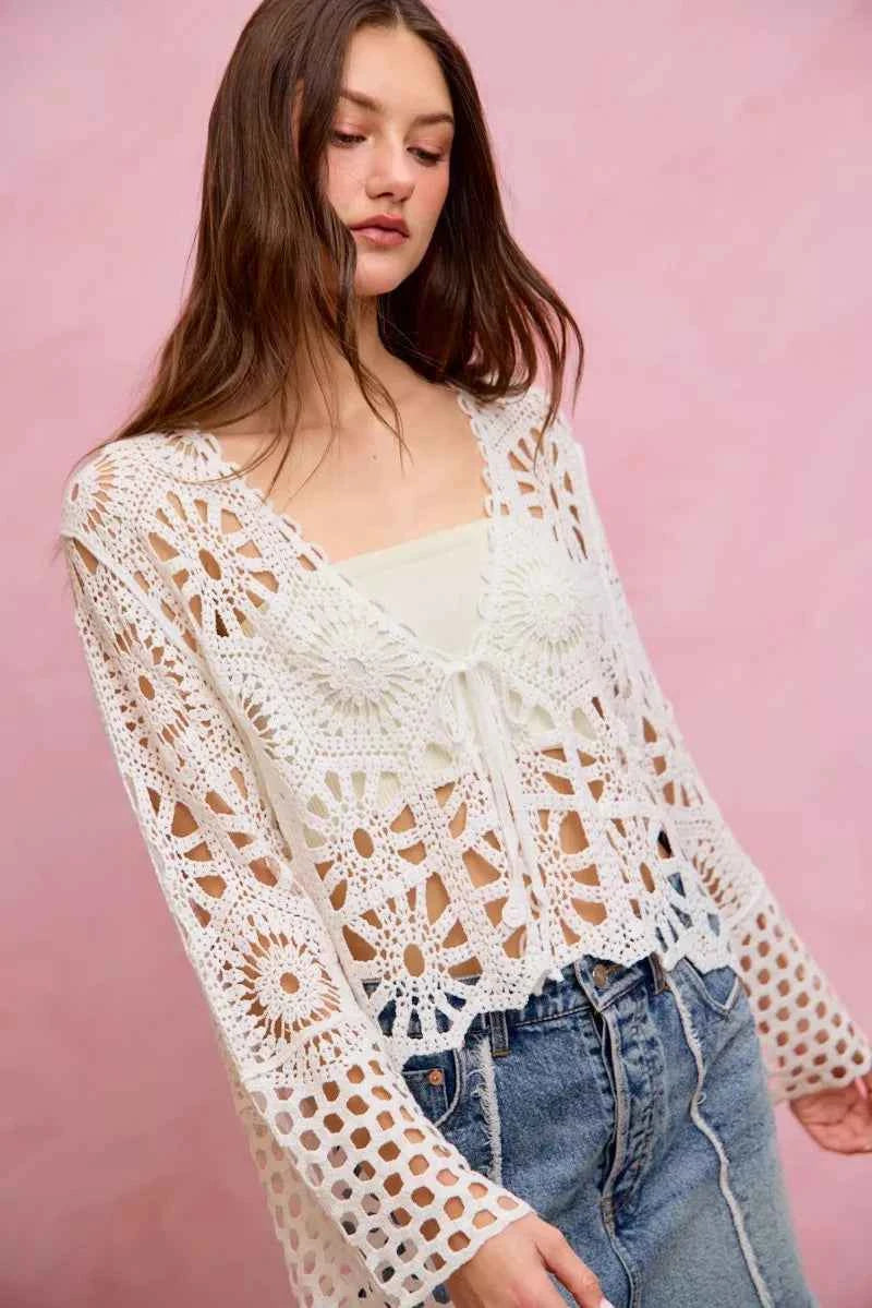 SO ME Floral Pattern Crochet Knit Tie Front Crop Cardigan