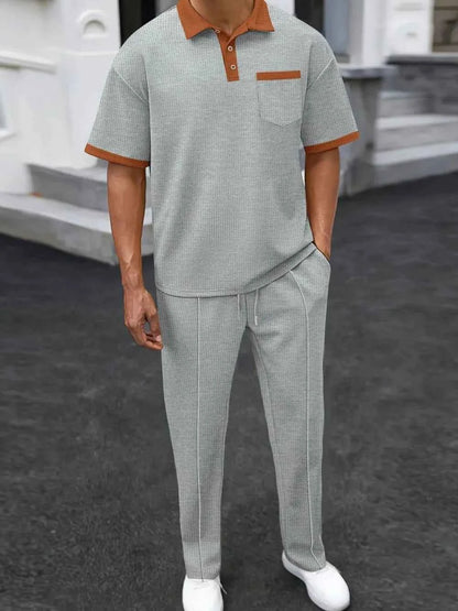 Men's Full Size Waffle-Knit Contrast Polo and Pants Set Plus Size