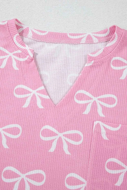 Bowknot Printed Notched T-Shirt and Shorts Set