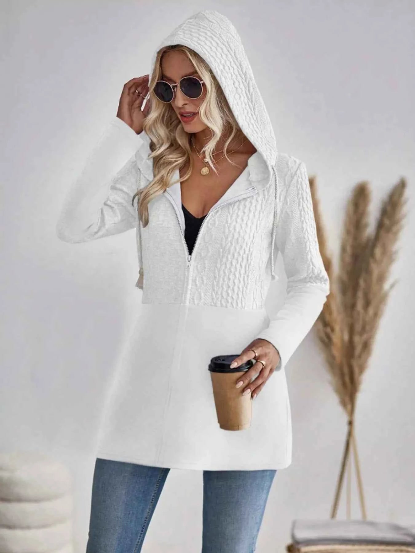 Drawstring Textured Zip Up Drawstring Hooded Jacket