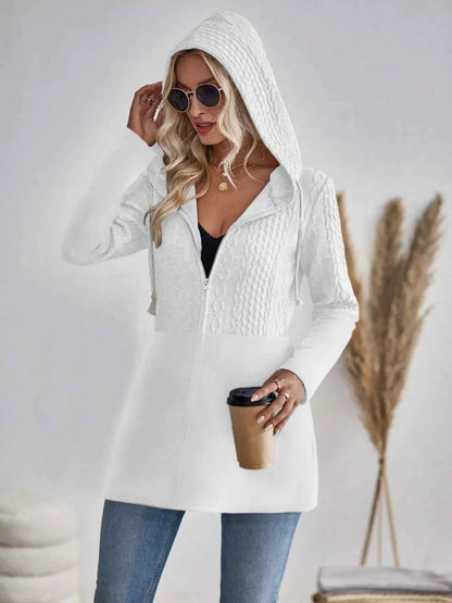 Drawstring Textured Zip Up Drawstring Hooded Jacket