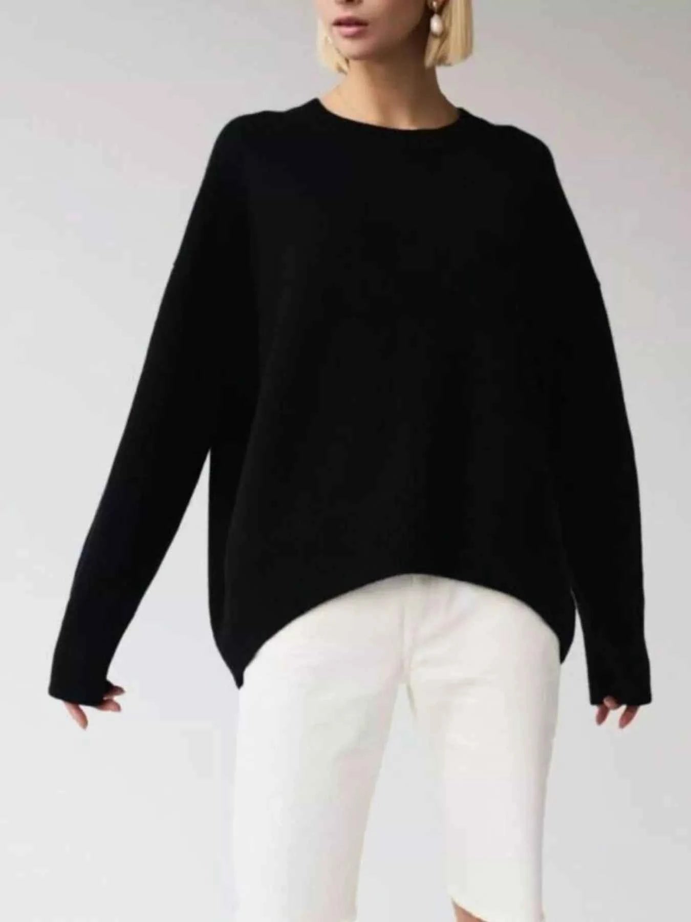 Ribbed Hem Round Neck Sweater