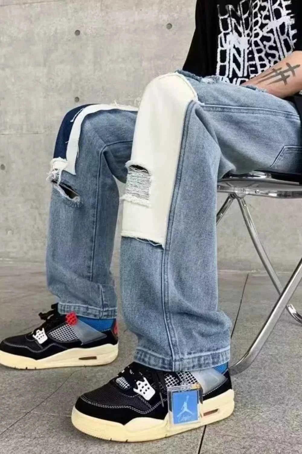 Men's Ripped Patchwork Wide Leg Jeans