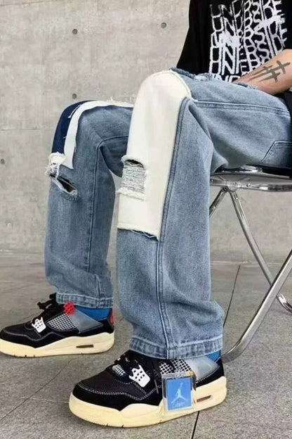 Men's Ripped Patchwork Wide Leg Jeans