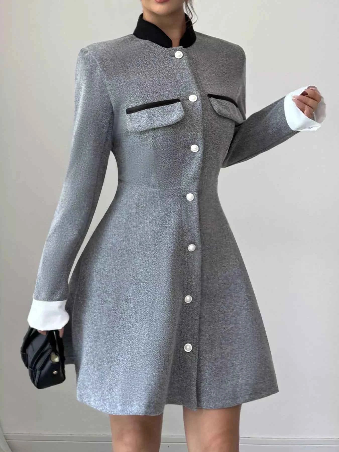 A-Line Long Sleeve Button-Down Dress