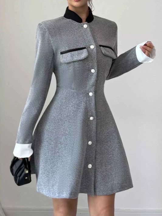 A-Line Long Sleeve Button-Down Dress