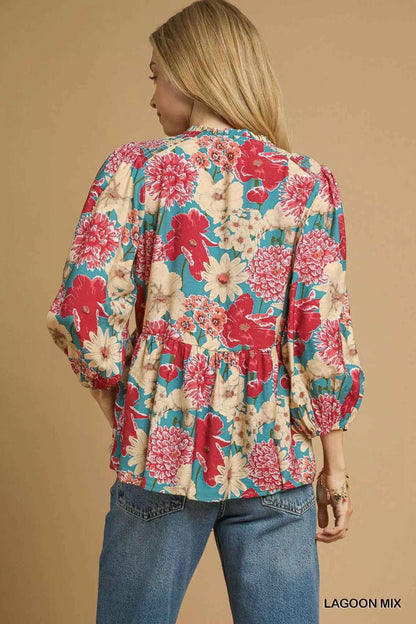 Umgee Mix Floral Peplum Blouse with Tie Neck