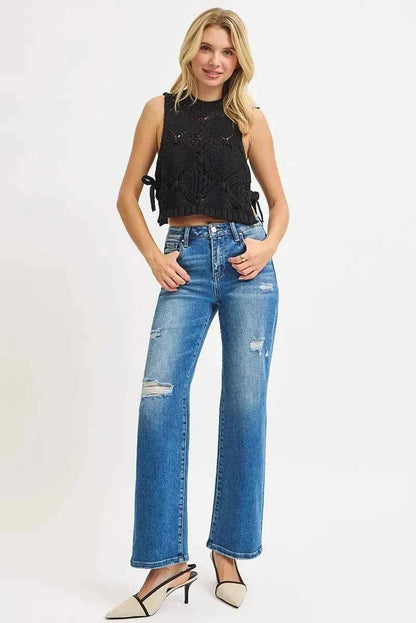RISEN Full Size High Rise Ankle Straight Front Body Distressed Jeans Plus Size