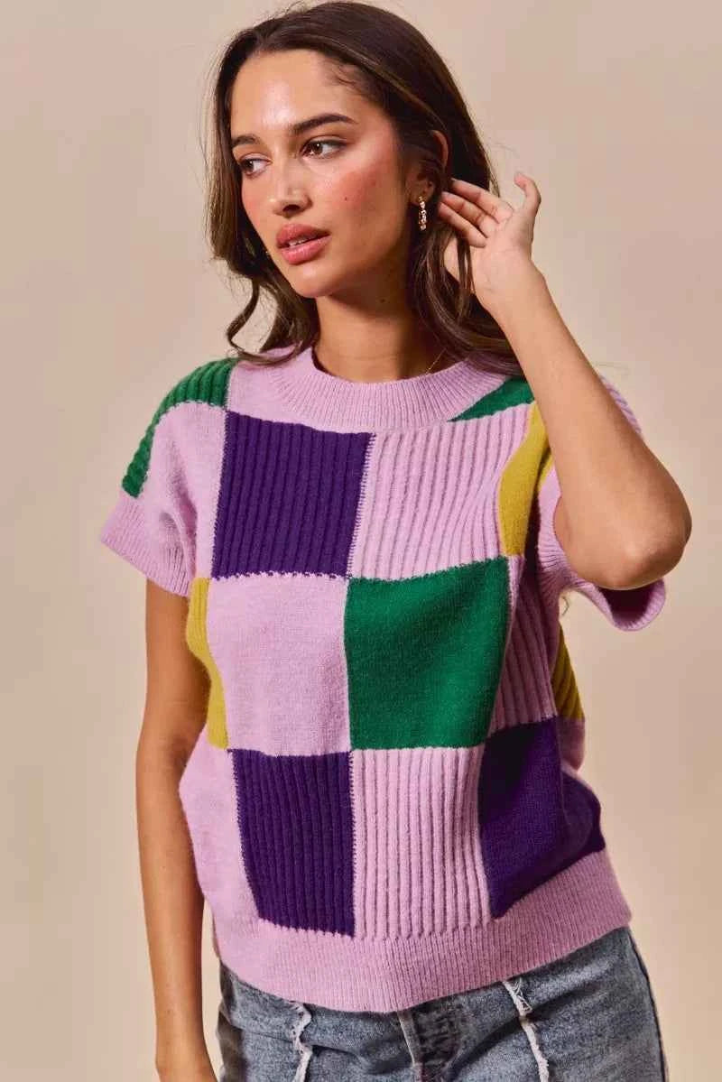SO ME Mardi Gras Check Plaid Casual Sweater Top