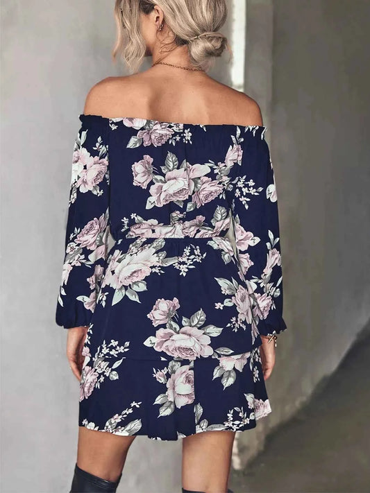 Off-Shoulder Floral Print Long Sleeve Mini Dress