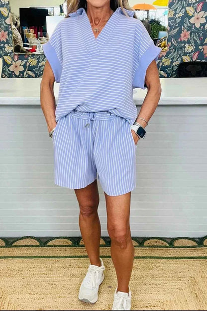 Casual Striped Short Sleeve Top and Shorts Two-Piece Set
