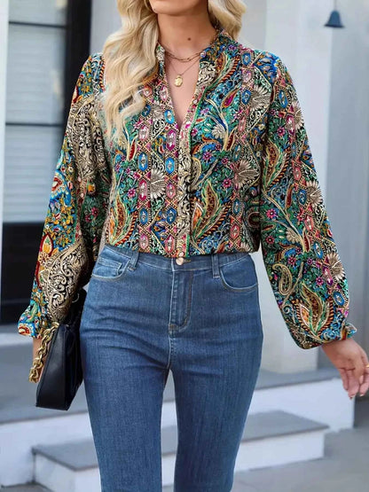 Printed Notched Balloon Sleeve Blouse