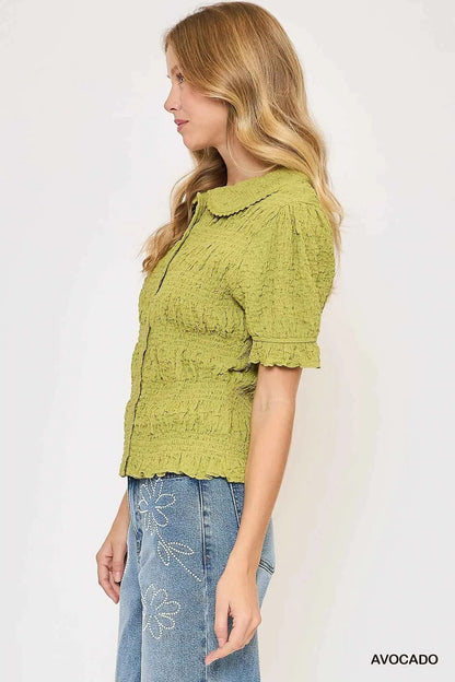 Umgee Smocked Short Sleeve Button-Front Shirt with Peter Pan Collar