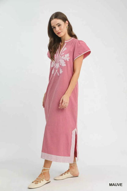 Umgee Embroidered Floral Short Sleeve Midi Dress with Contrast Trim