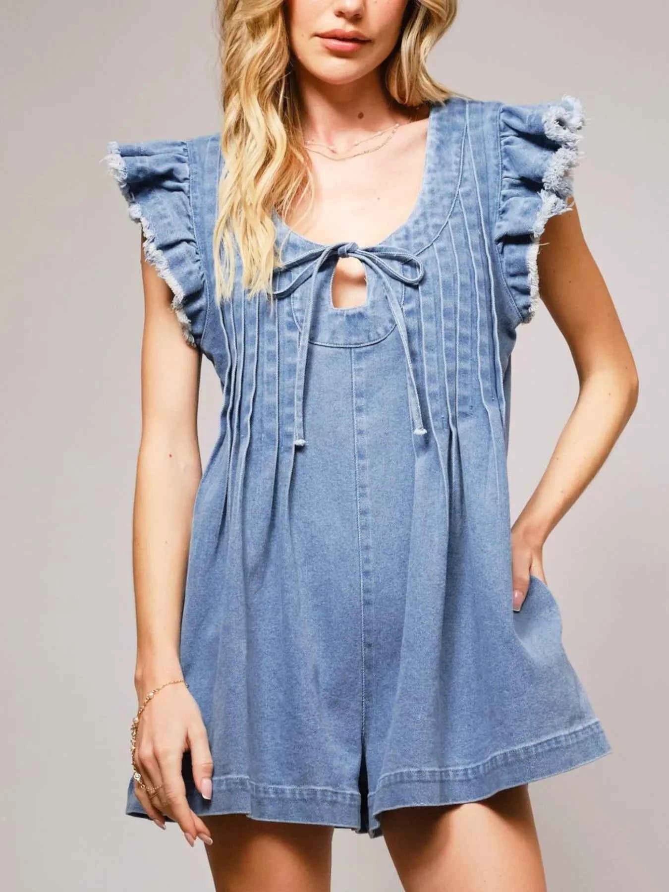 Ruffle Sleeve Denim Romper