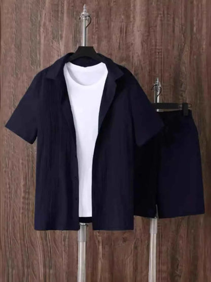 Men's Plus Size Button Up Short Sleeve Shirt and Shorts Set