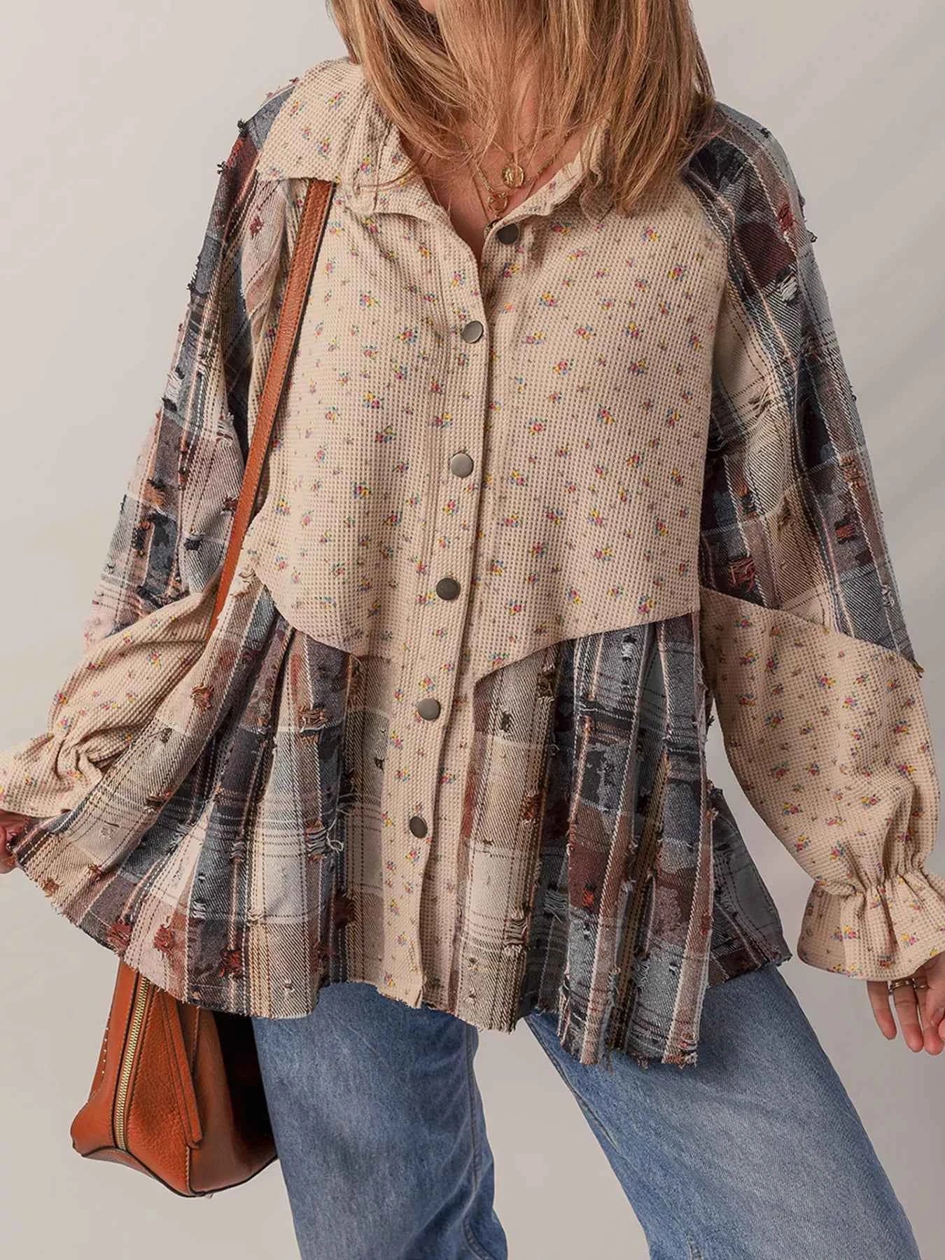 Boho Floral Plaid Patchwork Distressed Detail Ruffled Sleeve Waffle Knit Shacket