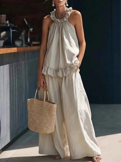 Full Size Ruffled Halter Neck Top and Wide-Leg Pants Set Plus Size