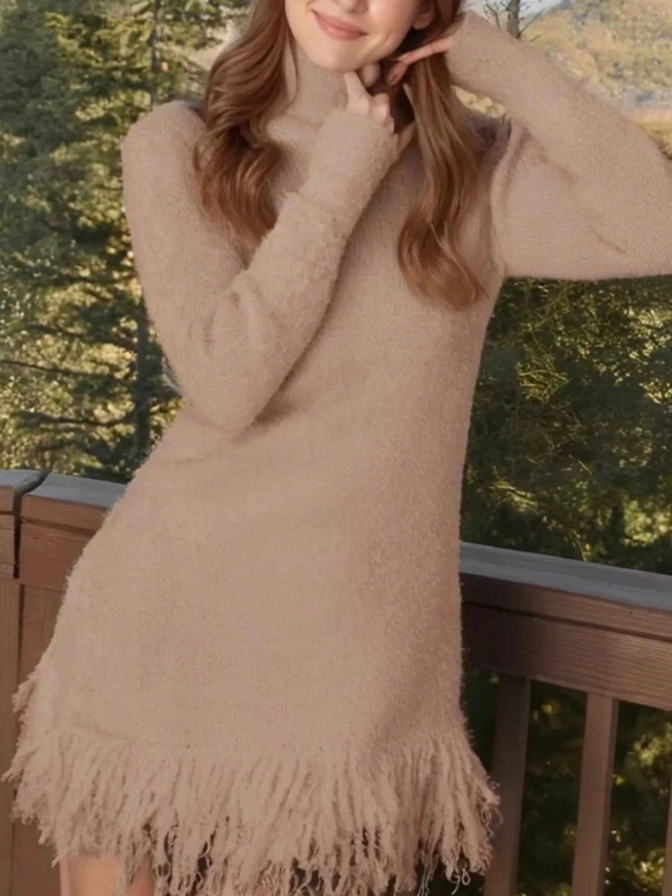 Fringe Turtleneck Long Sleeve Sweater Dress