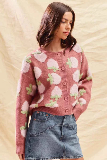 SO ME Strawberry Fruit All Over Button Sweater Cardigan