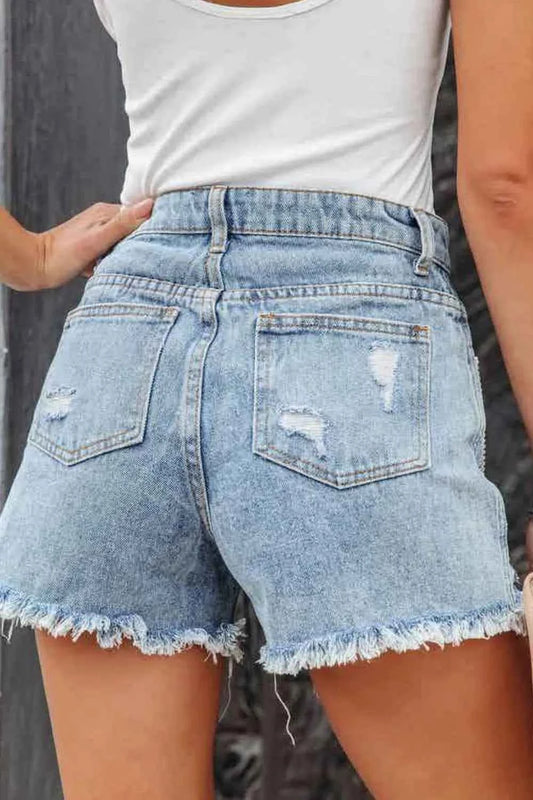 Rhinestone Fringe Distressed Denim Shorts