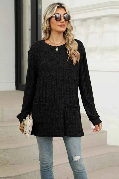 Long Sleeve Ribbed Knit Top with Front Pockets