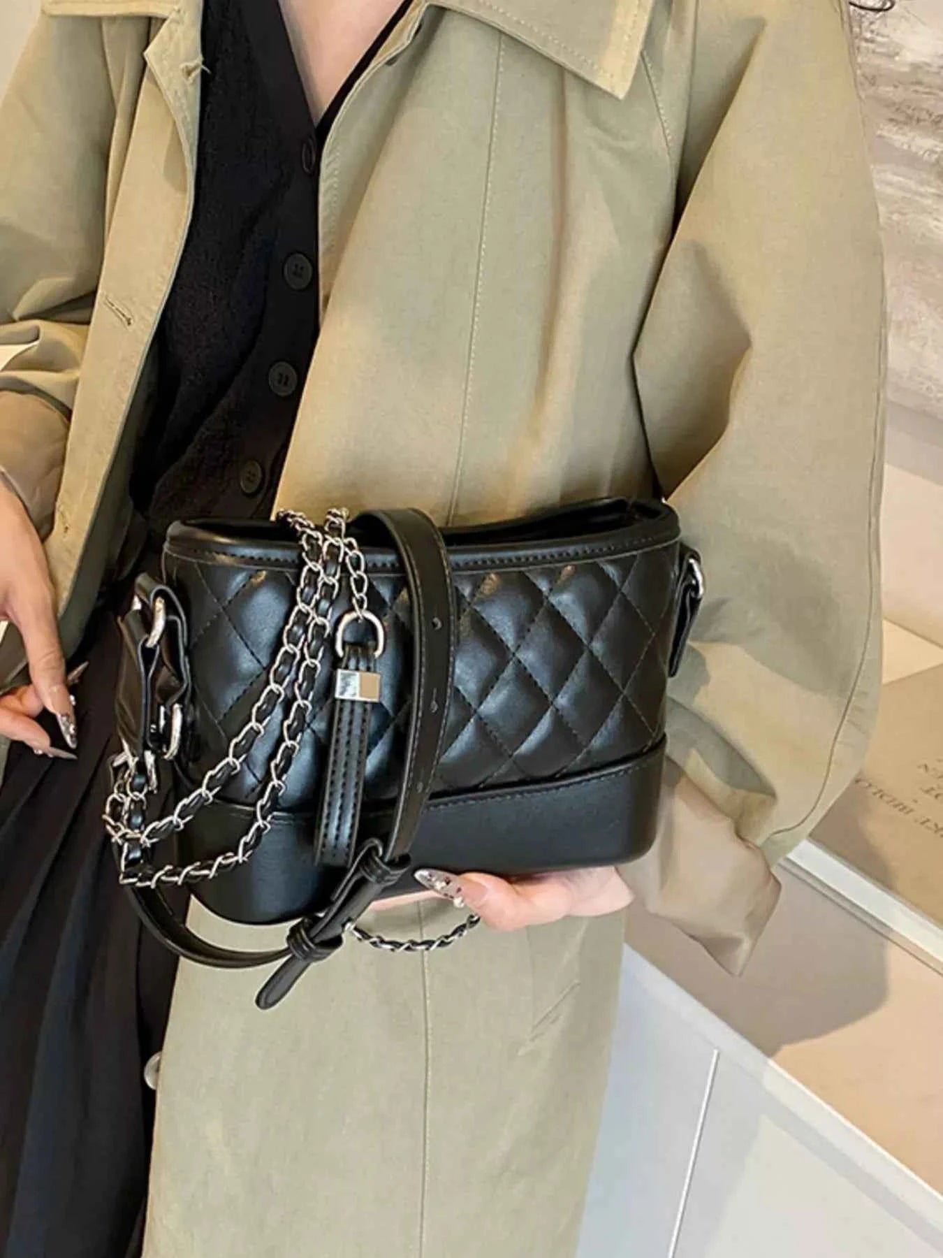 Quilted Bucket Crossbody Bag with Chain Strap