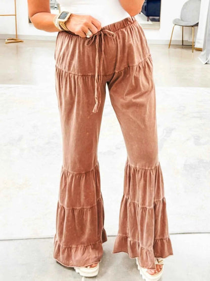 Drawstring Flare Ruffle Pants