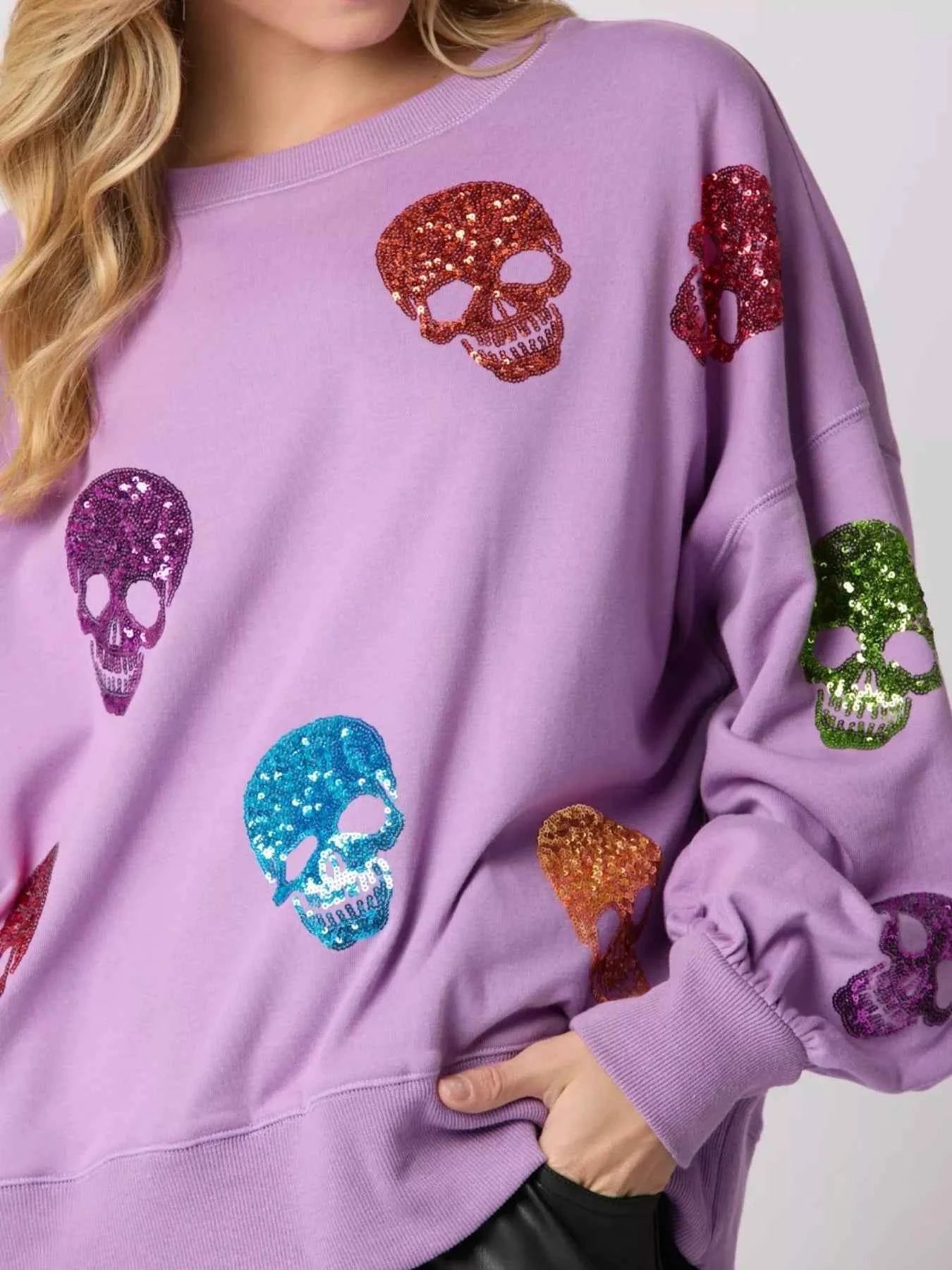 Halloween Colorful Skull Sequin Oversized Sweatshirt