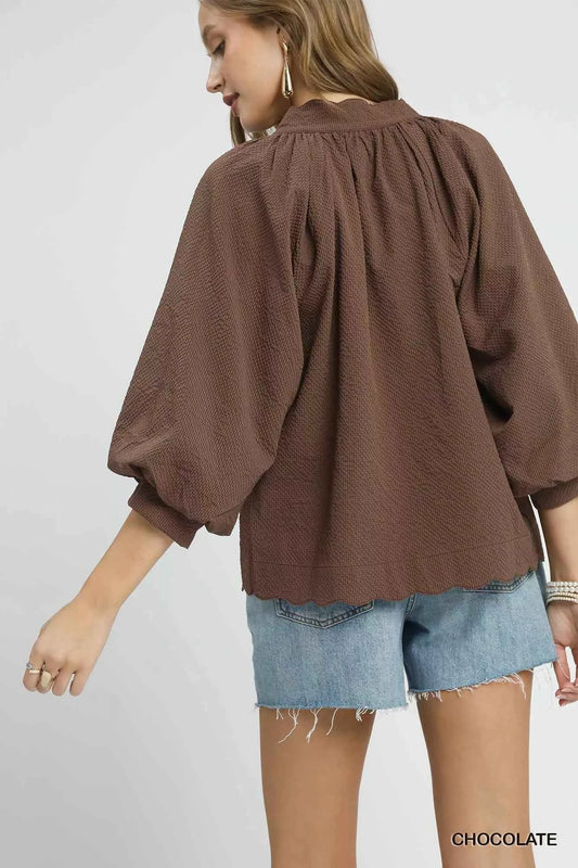 Umgee Full Size Textured Notched Balloon Sleeve Blouse Plus Size