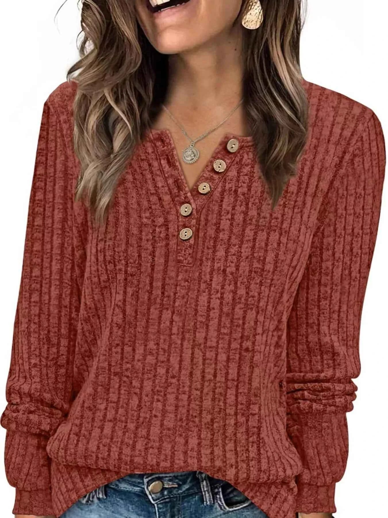 Ribbed Knit Button-Front Long Sleeve T-Shirt