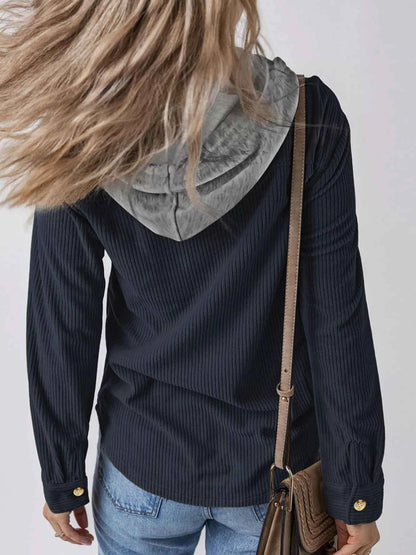 Plus Size Casual Corduroy Button-Down Hooded Jacket