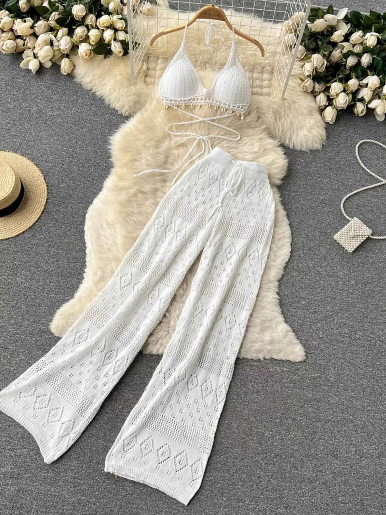 Crochet Knit Halter Neck Top and Wide Leg Pants Set