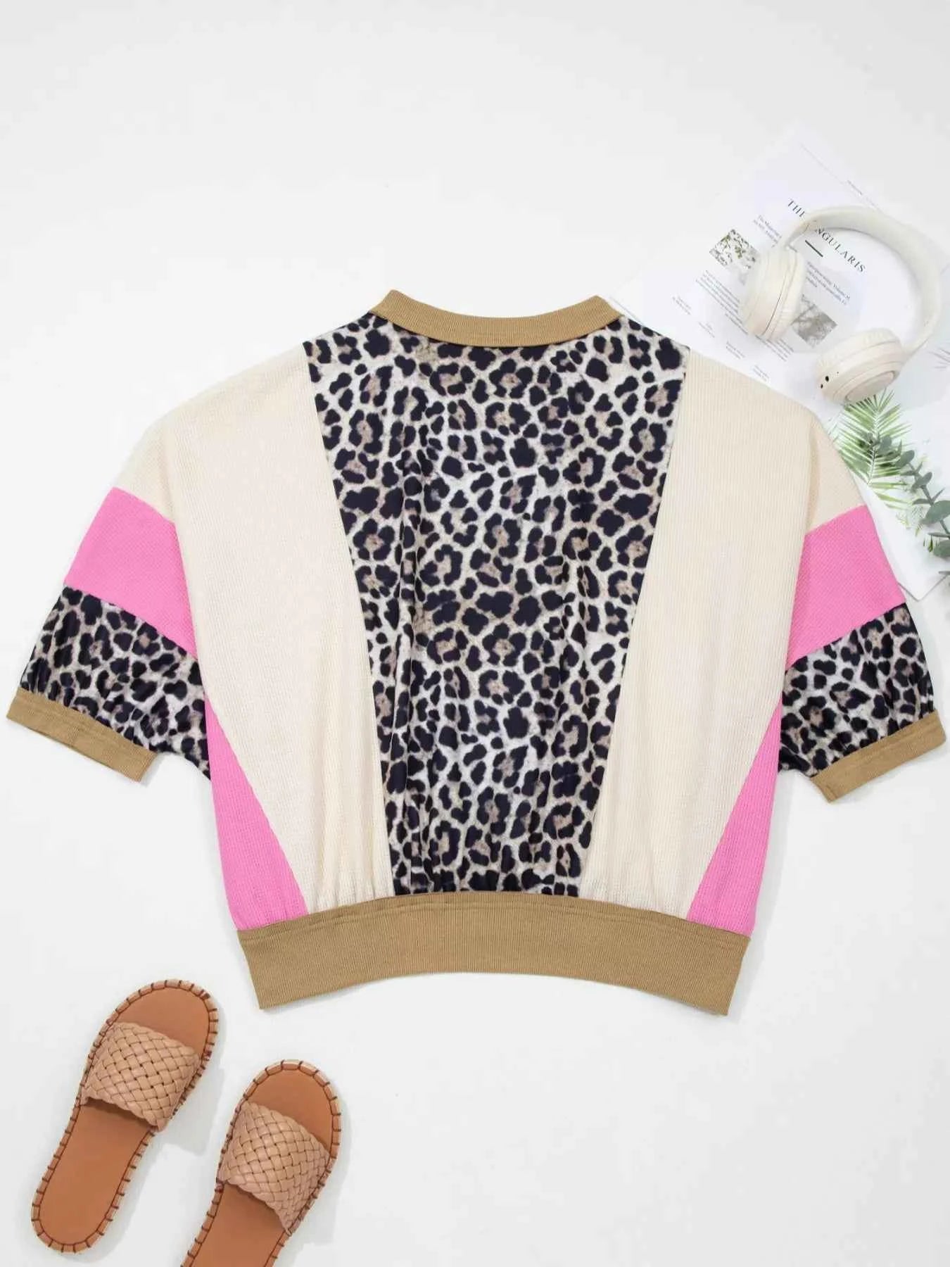 Leopard Print Color Block Round Neck Top