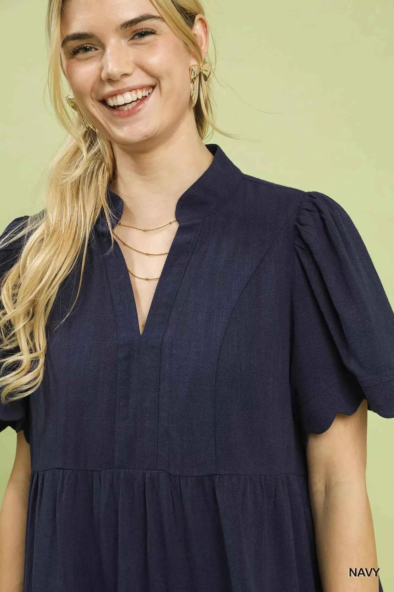 Umgee Linen Tiered Babydoll Dress with Scalloped Sleeves