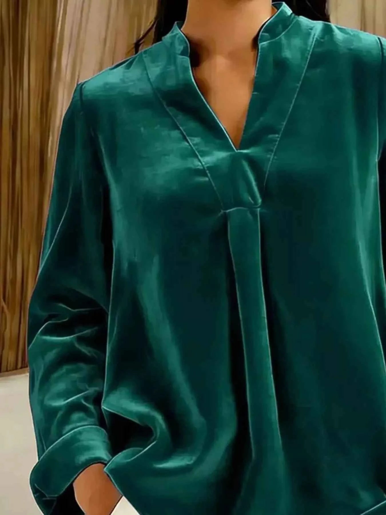 Full Size Velvet Notched Long Sleeve Blouse Plus Size