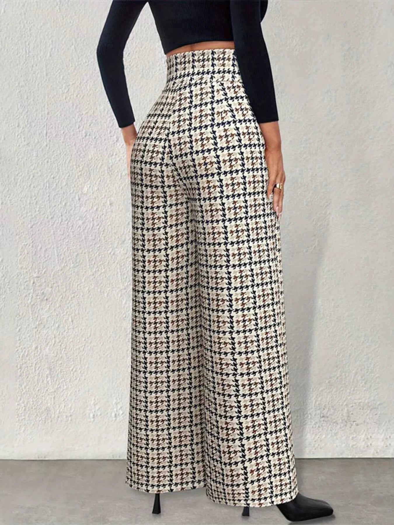 High Waisted Houndstooth Wide Leg Pants