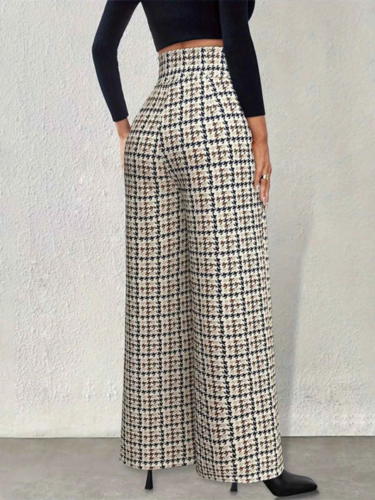 High Waisted Houndstooth Wide Leg Pants